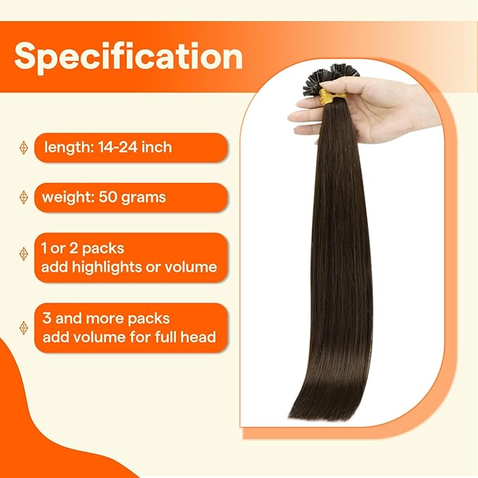 Full Shine Ktip Human Hair Extensions Color 2 Dark Brown K Tip Hair Extensions Human Hair 14 Inch Natural Soft Human Hair 50 Grams Fusion Extensions Remy Hair for Women