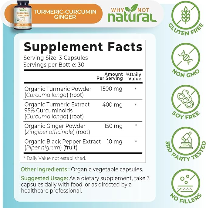 Organic Turmeric Curcumin Supplement in Capsules with Ginger and Black Pepper - Tumeric