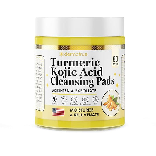 Turmeric Kojic Acid Cleansing Pads For Face Exfoliating And Dark Spots, 80pcs, Brightening, Balance and Moisturize Skin, with Vitamin B, Retinol, Prickly Pear, Olive Oil, Gentle For All Skin Types