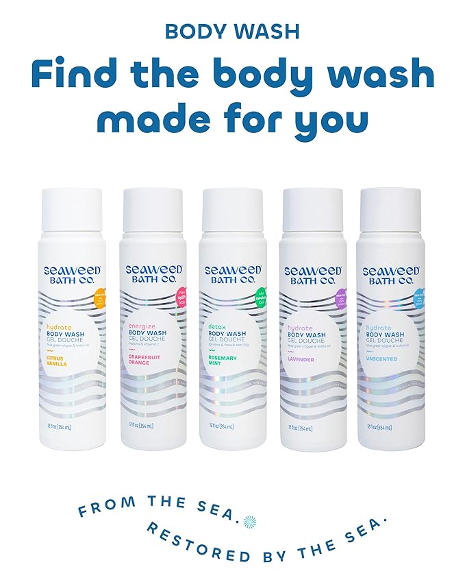 Seaweed Bath Co. Hydrate Body Wash - Unscented - Foaming Shower Gel Cleanser with Natural Ingredients - Fragrance Free and Gentle - Good For Sensitive Skin - 12 oz