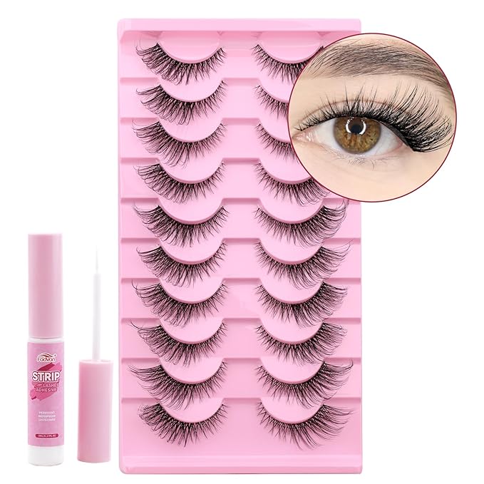 Natural Cat Eye Lashes Wispy False Eyelashes Thin Cotton Band Soft Mink Lashes Natural Eye Lashes Kit with Clear Glue Pack 10 Pairs by FADVAN-By003