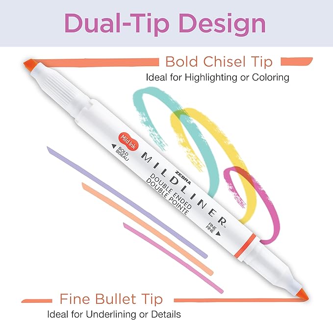 Zebra Pen Mildliner Dual-Tip Highlighters, Broad and Fine Tips, Ideal for Bible Highlighting, No Bleed, School Supplies and Teacher Supplies, Fluorescent and Cool Ink Colors, 10-Pack (78101)