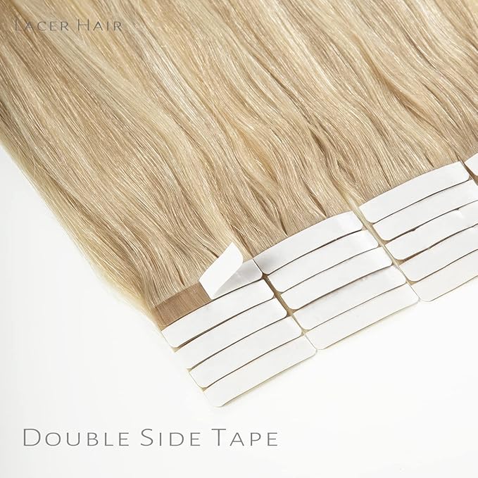 Lacer Tape in Hair Extensions Human Hair Straight Balayage Light Ash Blonde to Platinum Blonde PU Double Weft Tape in Real Human Hair Extensions 20 Inches 50grams