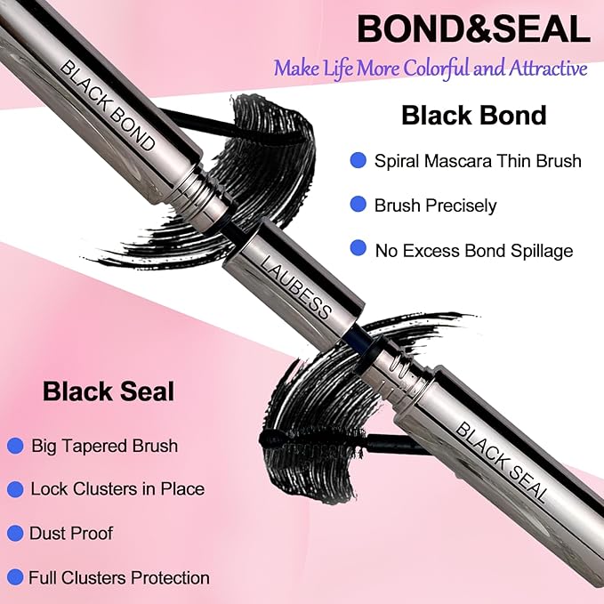 Lash Bond and Seal Lash Glue Waterproof LAUBESS 2-in-1 Cluster Lash Glue for Eyelash Clusters 72H 10ml (Black/Black)