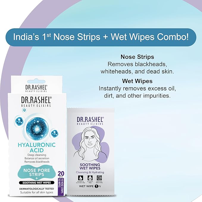 DR.RASHEL Hyaluronic Nose Pore Strips For Pore Cleansing, Instant And Painless Blackheads Removal | Deep Purifying Blackhead Remover Strips for Nose | 20 PCS (10 Strips & 10 Wipes)