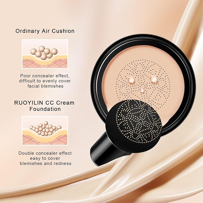 Mushroom Head Air Cushion CC Cream - BB Cream Face Makeup for Mature Skin, Moisturizing Cover Balm Foundation & Long-Lasting Color Correcting Concealer, Even Skin Tone for All Skin Types (Nude)