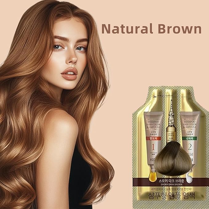 Instant Permanent Hair Color Dye Shampoo Ampoule - Paraben-Free, 5-Minute Easy and Fast Coloring, Gray Cover Hair Dye with Keratin & Collagen, Made in Korea (Natural Brown)