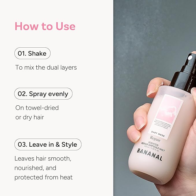 Korean Scented Hair Serum Mist – Argan Oil & Silk Protein Ampoule for Nourishing, Frizz Control, Damaged Repair & Glass Hair Shine – Baby Musk, 100ml / 3.38 fl oz
