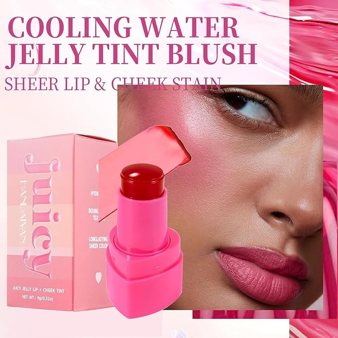 Lingyun 4 Colors Water Jelly Blush Tint, Long-Lasting Jelly Lip & Cheek Tint, Multi-Use Buildable Lip Tint + Blush,Effect 1,000+ Swipes Per Stick,Cute Stuff for Girls