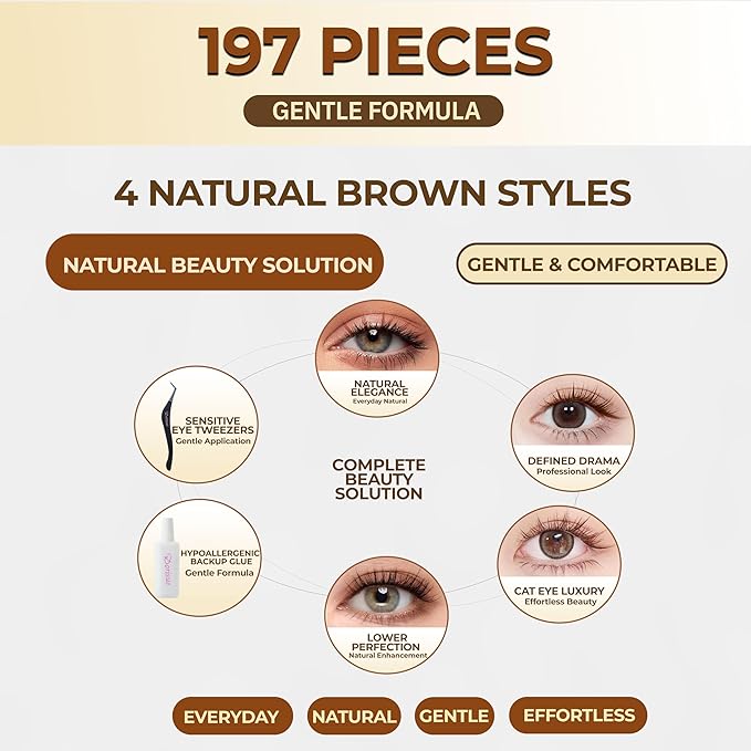 Brown Lash Clusters Pre Glued 197PCS Light Hair Individual Eyelashes No Glue Needed 3 Upper Style +1 Lower Styles Natural False Lashes Kit Tweezers