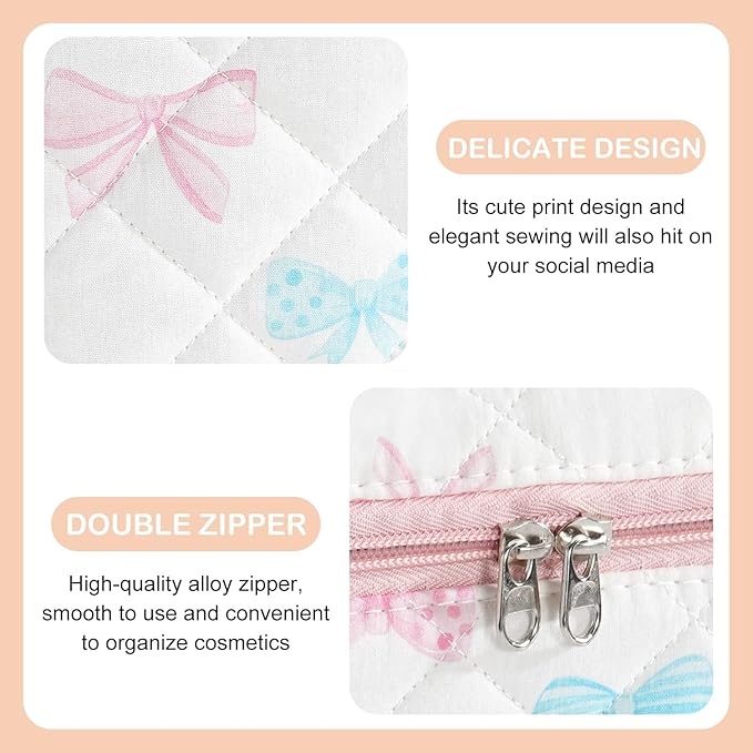 Makeup Bag for Women 3PCS Quilted Cotton Make Up Bag Travel Cosmetic Bag Large Makeup Bag Set Cute Bow Makeups Organizer Floral Toiletry Pouch for Purse, Bow F