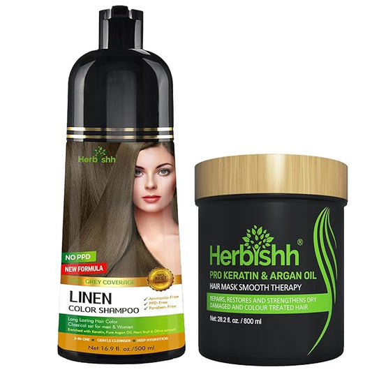 Herbishh Linen 3 In 1 Hair Dye Shampoo 16.9 Fl Oz & Argan Oil Mask 28.2 Fl Oz Combo - Champu Para Canas Mujer - Hair Dye Shampoo for Men & Women - Hair Mask For Moisturizer Dry, Damaged Hair
