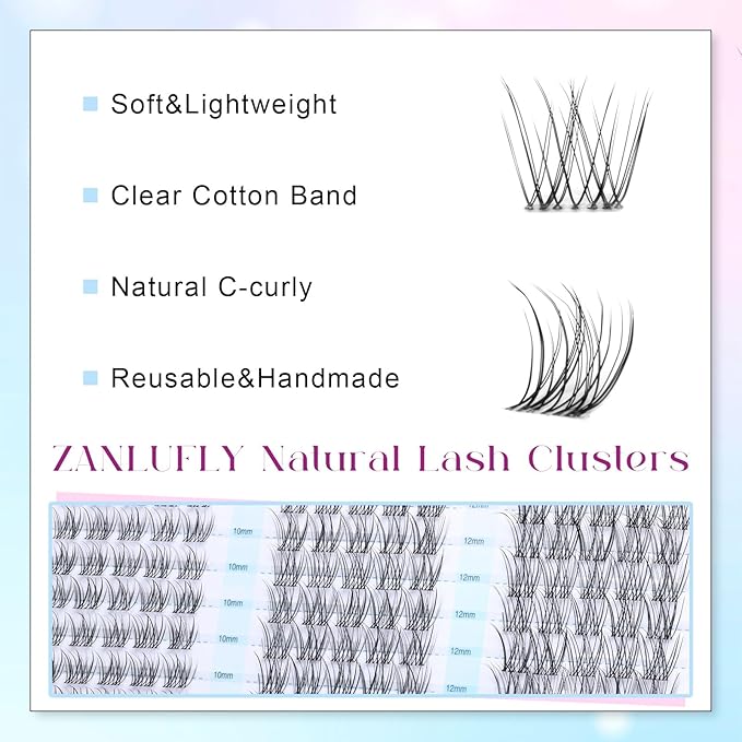 Clear Band Lash Clusters Natural Lash Extensions Wispy Cluster Eyelash Extensions 10-14mm C Curly Eyelash Clusters DIY Individual lashes 150PCS Cluster Lashes by zanlufly