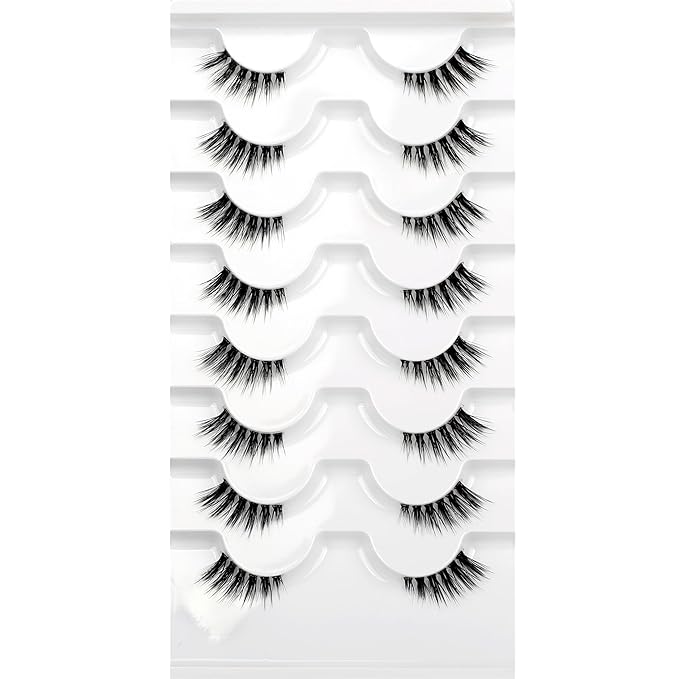 Natural Fake Eyelash for Nude Makeup Cat Eye Look Half Lashes Strips Manga Doe-Eye Spiky Short Accent Lashes Wispies Volume Asian Fairy Clusters False Eyelashes Extensions 8 Pairs Pack Daily Use