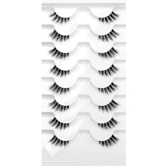 Natural Fake Eyelash for Nude Makeup Cat Eye Look Half Lashes Strips Manga Doe-Eye Spiky Short Accent Lashes Wispies Volume Asian Fairy Clusters False Eyelashes Extensions 8 Pairs Pack Daily Use