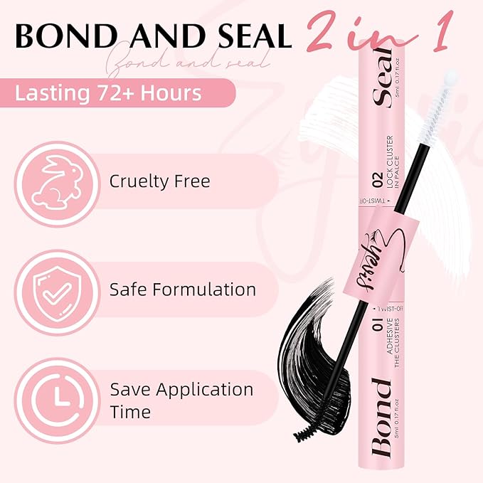 Lash Bond and Seal 10ML Waterproof Lash Cluster Glue Lash Seal 2-in-1 Lash Glue for Eyelash Clusters Long-Lasting for DIY Lash Extensions at Home(Black Bond and Clear Seal,10ML)