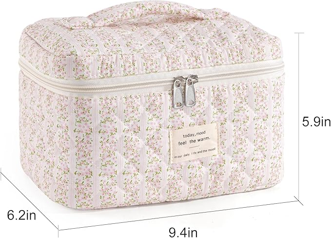 Makeup Bag for Women Quilted Cotton Make Up Bag Travel Cosmetic Bag Large Makeup Bag Cute Makeup Bags Organizer Floral Toiletry Bag Makeup Pouch for Purse, Pink Floral B-1PCS