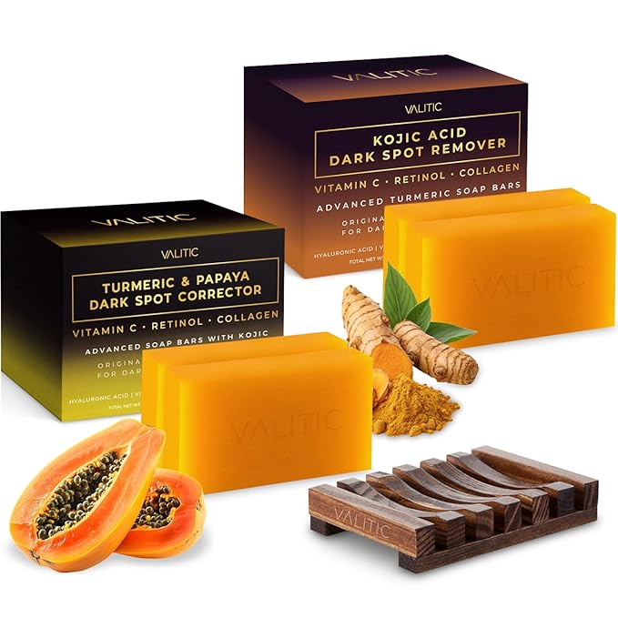 VALITIC Papaya and Turmeric Kojic Acid Soap Bar - Dark Spot Corrector Skin Care Cleansing Bar - Infused with Vitamin C, Hyaluronic Acid - Papaya 2 Pack, Kojic 2 Pack, Holder