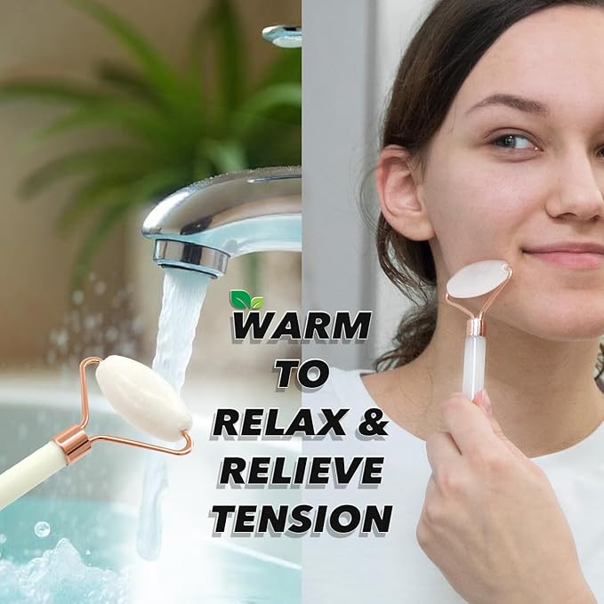 Earth & I White Jade Roller & Face Guasha Set 2pc, at Home Spa Essentials, Women Self Care, Face Tool for Lymphatic Drainage, Gua Sha Roller, Gusha, Facial Gua Sha Tool, Spa Accessories for Women