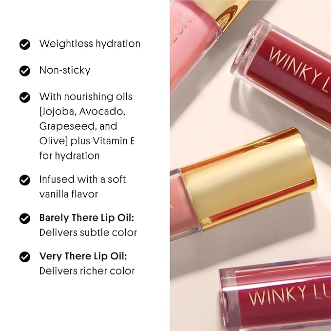 Winky Lux Peach Whisper Barely There Sheer Tinted Lip Oil - Hydrating Lip Gloss Tint, Peachy Pink Glossy Lip Balm, Juicy Non Sticky Long Lasting Formula, Infused with Jojoba Oil & Soft Vanilla Scent