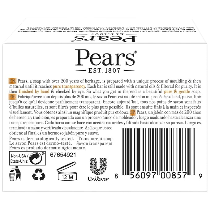 Pears Glycerin Soap, Transparent Amber with Natural Oils, 6-Pack – Pure & Gentle Cleanser for Soft, Glowing Skin, 4.4 Oz Ea
