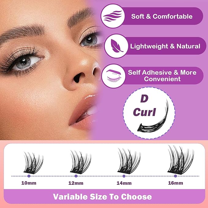80pcs Self Adhesive Eyelashes Clusters 10-16mm-Fluffy Natural Press On Lashes Self Adhesive Lashes Clusters Lashes No Glue No Remover Clusters Kit with Tweezers
