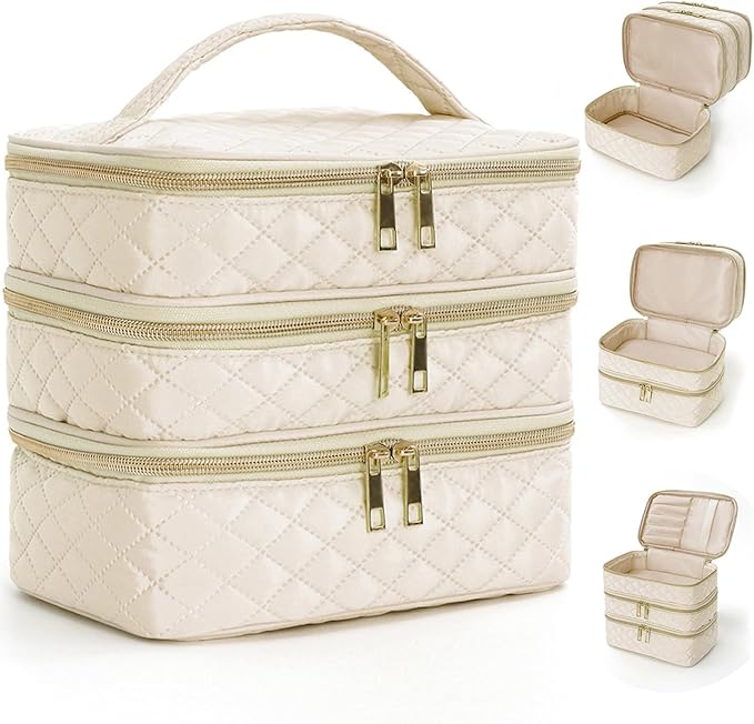 Travel Makeup Bag for Women Three Layer Large Cosmetic Case Water-resistant Toiletry Bag Organizer for Store Toiletries Cosmetic Accessories and Manicure Sets Khaki