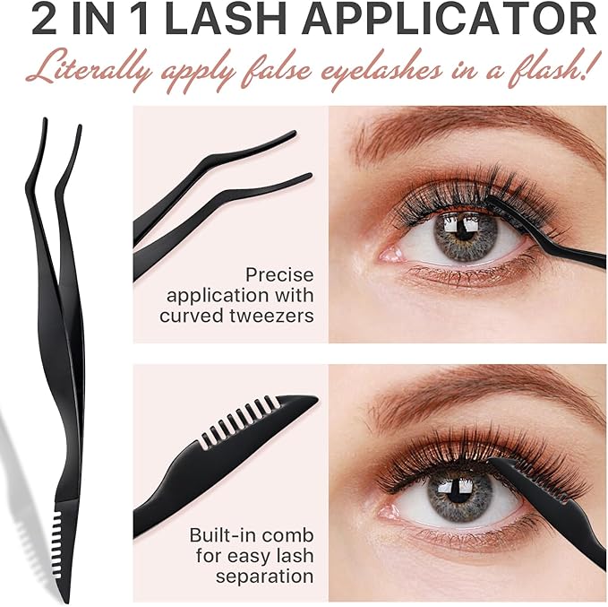 Pretty memory Upgraded Lash Applicator Tool with Comb, 2-IN-1 Stainless Steel Eyelash Tweezers, Lash Extension Curlers, Curved Tweezer Clip for Easy Application and Removal, Black