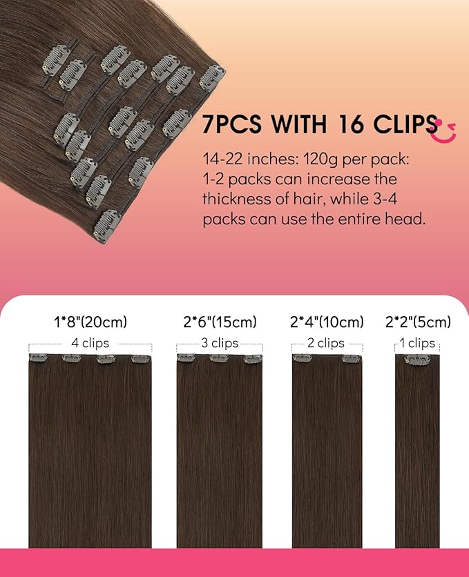 Youngsmile 14 Inch Clip in Hair Extensions Human Hair 120g 7 pieces, Clip in Hair Extensions for Women, Silk Straight, Double Weft Hair Extensons, Chocolate Brown #4 (CLIP#4-14Inch)