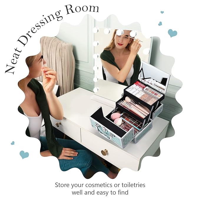 FRENESSA Makeup Case Portable Makeup Box Organizer Travel Cosmetic Case Storage with Mirror Locking Make Up Cases Organizers and Storage for Girls Nail Supplies Cosmetology Case Vanity Case Blue