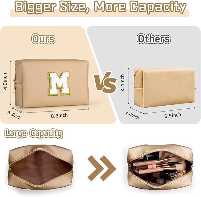 TOPEAST Preppy Makeup Bag, Cute Makeup Pouch PU Leather Waterproof Cosmetic Bag, Personalized Birthday Gifts for Mom Teacher Friends Bridesmaids Nurse, Trendy Stuff for Girls (Khaki I)