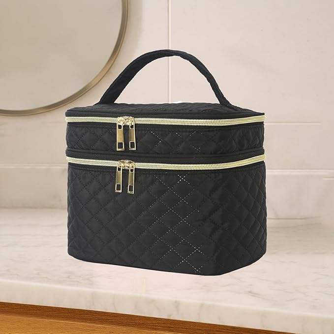 Travel Makeup Bag for Women Double Layer Large Cosmetic Case Water-resistant Toiletry Bag Organizer for Store Toiletries Cosmetic Accessories and Manicure Sets Black