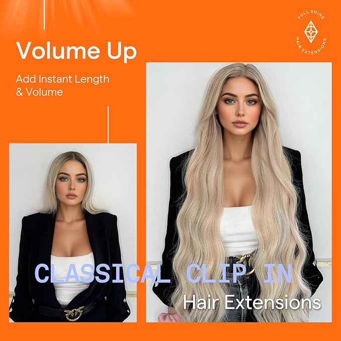Full Shine Clip in Extensions Human Hair Blonde Clip in Hair Extensions Real Human Hair #18P613 Ash Blonde Highlighted Hair Extensions Remy Hair Brazilian Hair 7 Pcs 16 Inch 120 G