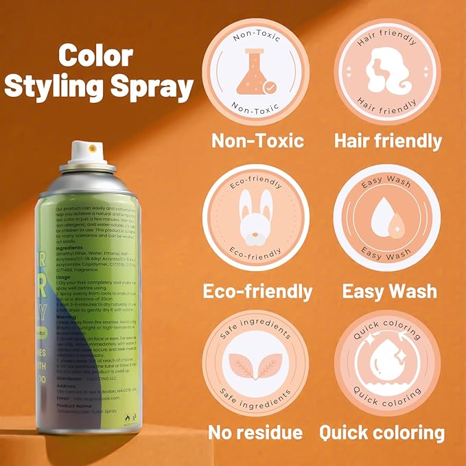 Orange Hair Spray, Temporary Hair Color Spray for Women Men– Safe Non Sticky Washable One Day Hair Dye Spray, Disposable Accessories Included, for Halloween Cosplay Party DIY Costume Pet Fun