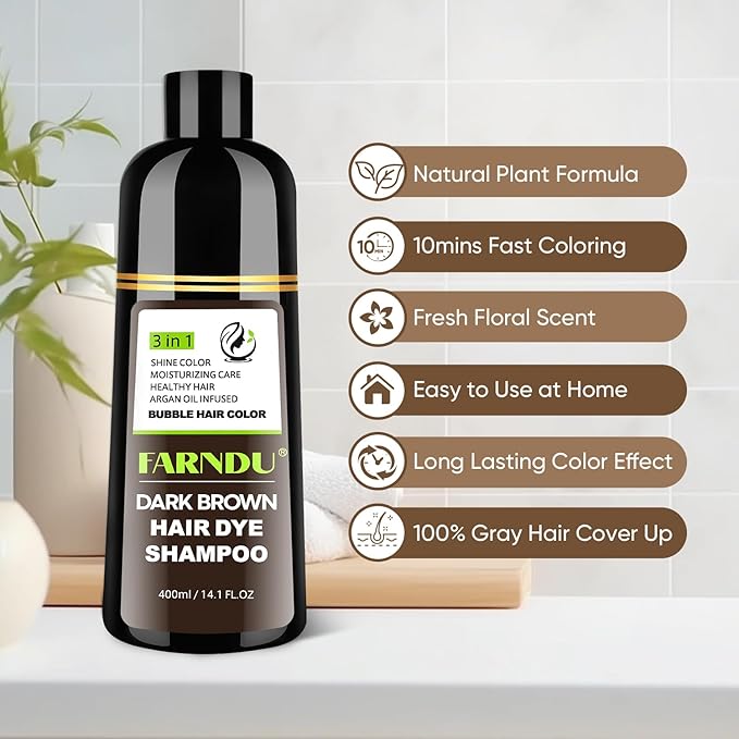 Dark Brown Hair Dye Shampoo for Women Men, 3 in 1 Hair Color Shampoo Dye for Grey Hair Coverage Champu Para Canas Mujer