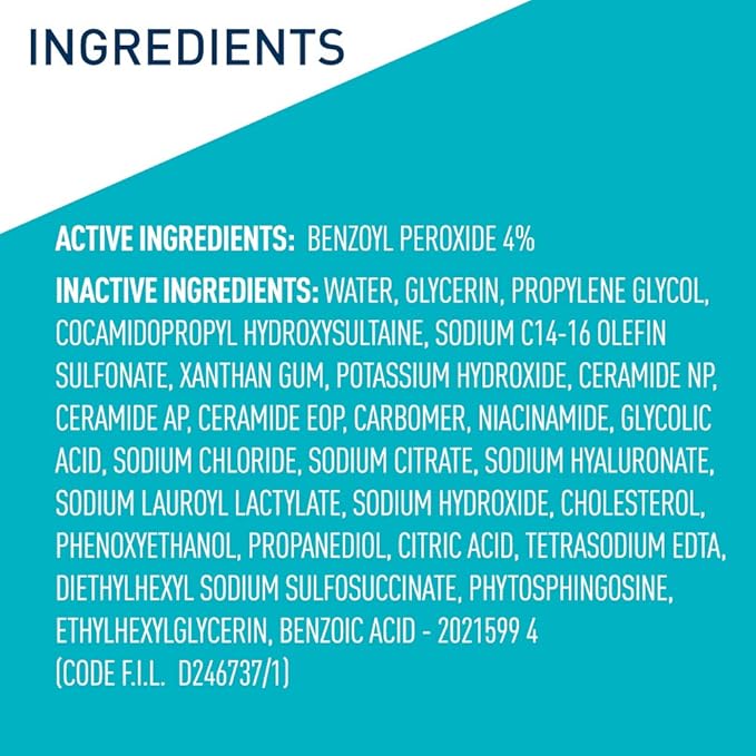 CeraVe Acne Foaming Cream Cleanser, 4% Benzoyl Peroxide Face Wash With Hyaluronic Acid, Niacinamide & Ceramides, Gentle Daily Acne Treatment For Face