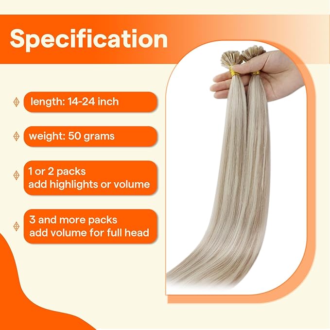 Full Shine Ktip Human Hair Extensions 20 Inch 50 Grams Ash Blonde Highlight Bleach Blonde K Tip Hair Extensions Real Human Hair Fusion Extensions Remy Hair add Length