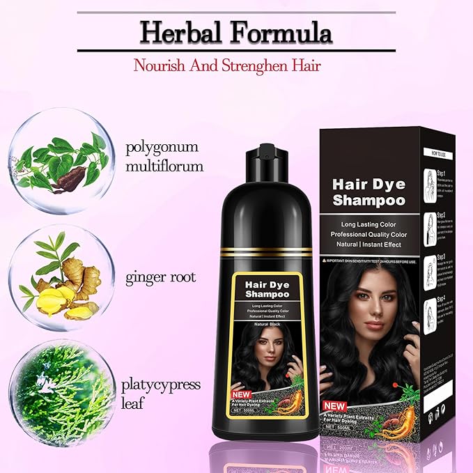 Black Hair Dye Shampoo Instant 3-in-1 for Gray Hair Coverage, Herbal Formula for Men & Women - Colors in 10-15 Minutes, Champu Para Canas 500ml