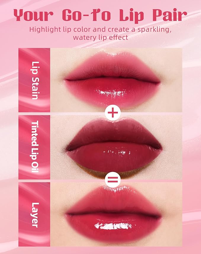 bayfree Tinted Lip Oil & Lip Stain Set, Korean Makeup, Smudge-Proof,Long-Wearing, 2-in-1 Cheek and Lip Tint with Moisturizing, High-Shine, Lightweight & Non-Sticky for Dry Lips, Cruelty-Free & Vegan