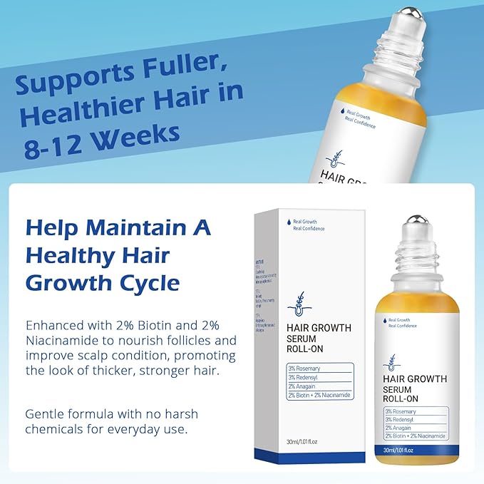 Hair Growth Roll-On Serum - 3% Rosemary, 3% Redensyl, 2% AnaGain + Biotin & Niacinamide, Portable Roller for Targeted Scalp Nourishment, No-Rinse Formula & Fast Absorbing, Easy to Apply Anywhere