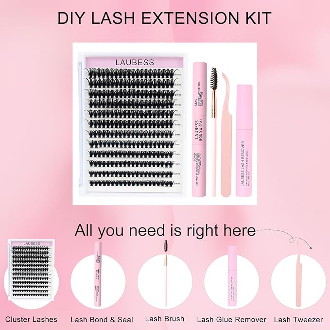Lash Extension Kit LAUBESS Lash Clusters Kit Cluster Eyelash Extensions Kit Eyelash Clusters Lash Bond and Seal Waterproof Tweezers Brush Lash Glue Remover (Kit 50D-D-Mix9-16)