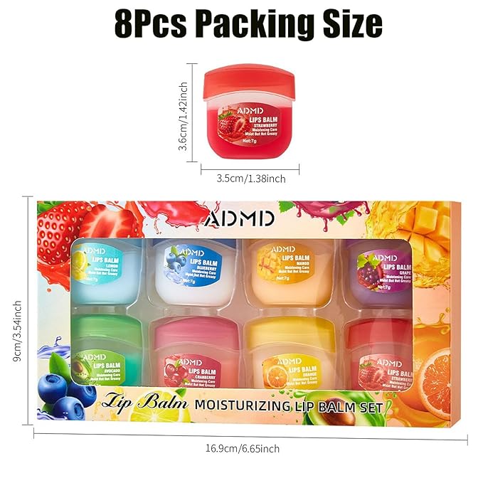 Admd Fruity Lip Balm Set,8Pcs Fruit Flavored Lip Care Set,Mini Colorless Lipsticks,Moisturizing Masks, Long-lasting Nourishing Smooth Soft, Hydrated Lips Overnight (8Pcs)