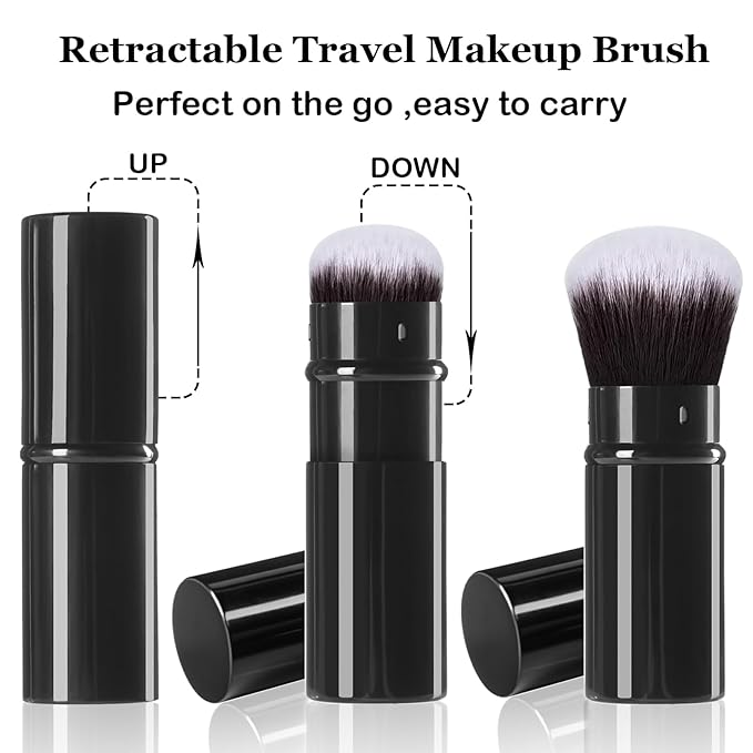 Retractable Kabuki Makeup Brush, 2 Pack Travel Angled Powder Foundation Blush Brush Set for Blending Liquid, Bronzer, Buffing, Concealer, Blush, Highlighter, Flawless Cosmetics