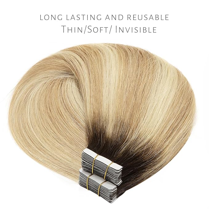 LacerHair Tape in Hair Extensions Human Hair 18 Inch Pu Weft Tape in Human Hair Extensions Caramel blonde Mixed Bleach blonde with Darkest Brown Roots 50 Gram Remy Human Hair R#2-27/613