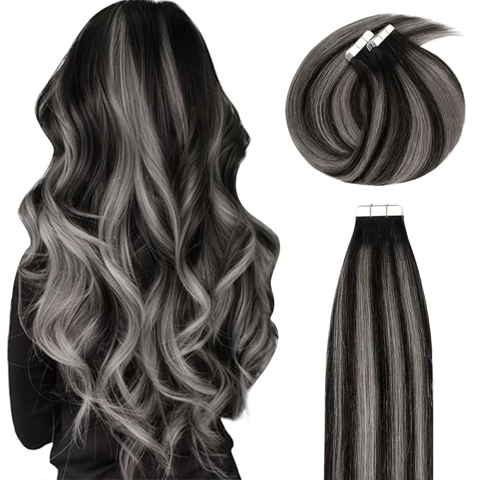 Lacer Hair Extensions Tape ins Natural Black to Silver Highlights Grey Tape in Hair Extensions Real Human Hair 22 Inch 20 Pieces 50 Grams