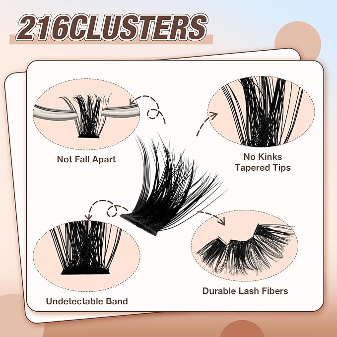 Lash Clusters Kit, DIY Cluster Eyelash Extensions 10‑20mm, 80D+100D, 216pcs Fluffy D Curl Natural Lashes with Bond & Seal,Tweezers–Fake Cat Eye Individual Clusters