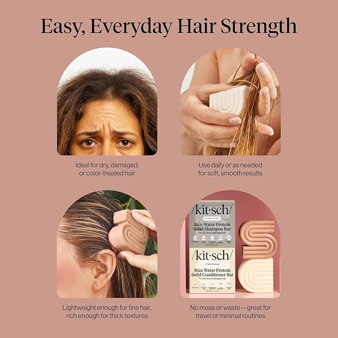 Kitsch Rice Water Shampoo & Conditioner Set – Solid Shampoo & Conditioner Bar with Protein for Hair Growth, Strengthening Hair & Damage Repair – Paraben, Sulfate & Silicone Free – 2 Pack