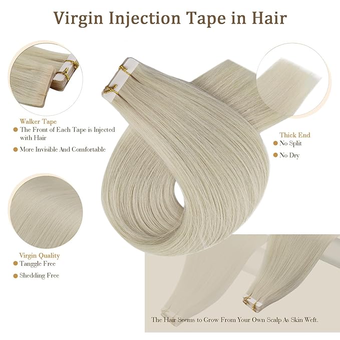Full Shine Injected Tape in Hair Extensions Human Hair 5Pcs Color 1000 Blonde Intact Hair Extensions Tape in 20Inch Virgin Tapes in Extensions 12.5Gram Seamless Skin Weft Human Hair Straight