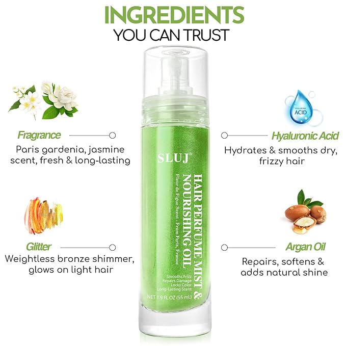 SLUJ Hair Perfume for Women - Hair Mist with Argan Oil & Light Green Shimmer, Lightweight Hair Oil Spray for Dry Hair, Heat Protection Spray for Hair, Long Lasting Hair Scent