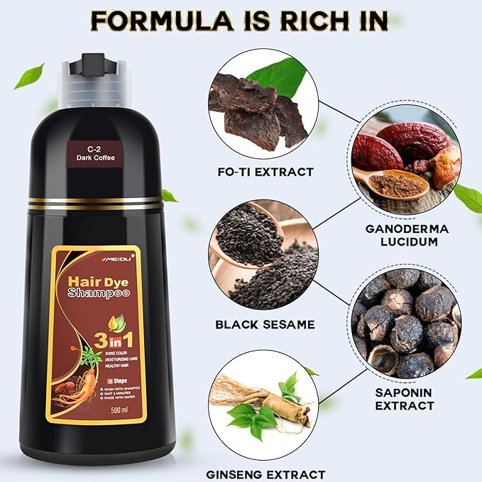 IIIMEIDU Hair Dye Shampoo 3 in 1 for Gray Hair, Herbal Ingredients Shampoo Dark Coffee Hair Dye for Women Men, Grey Coverage 500ml